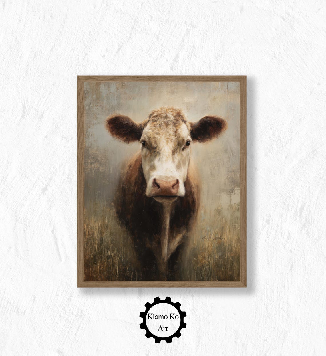 Front-Facing Brown and White Cow Portrait in a Golden Field Poster