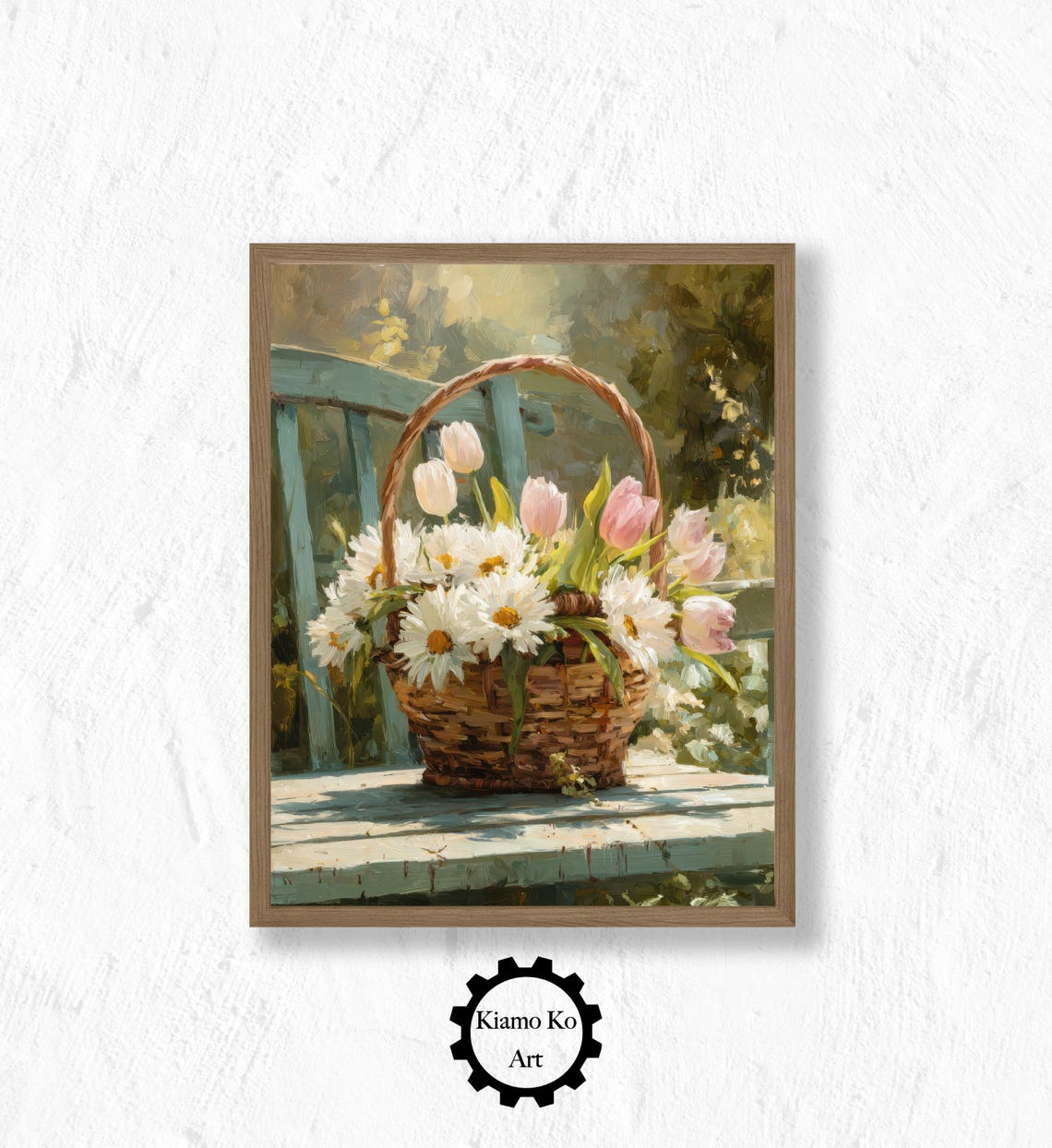 Wicker Basket Of Daisies And Pink Tulips On A Garden Bench Poster