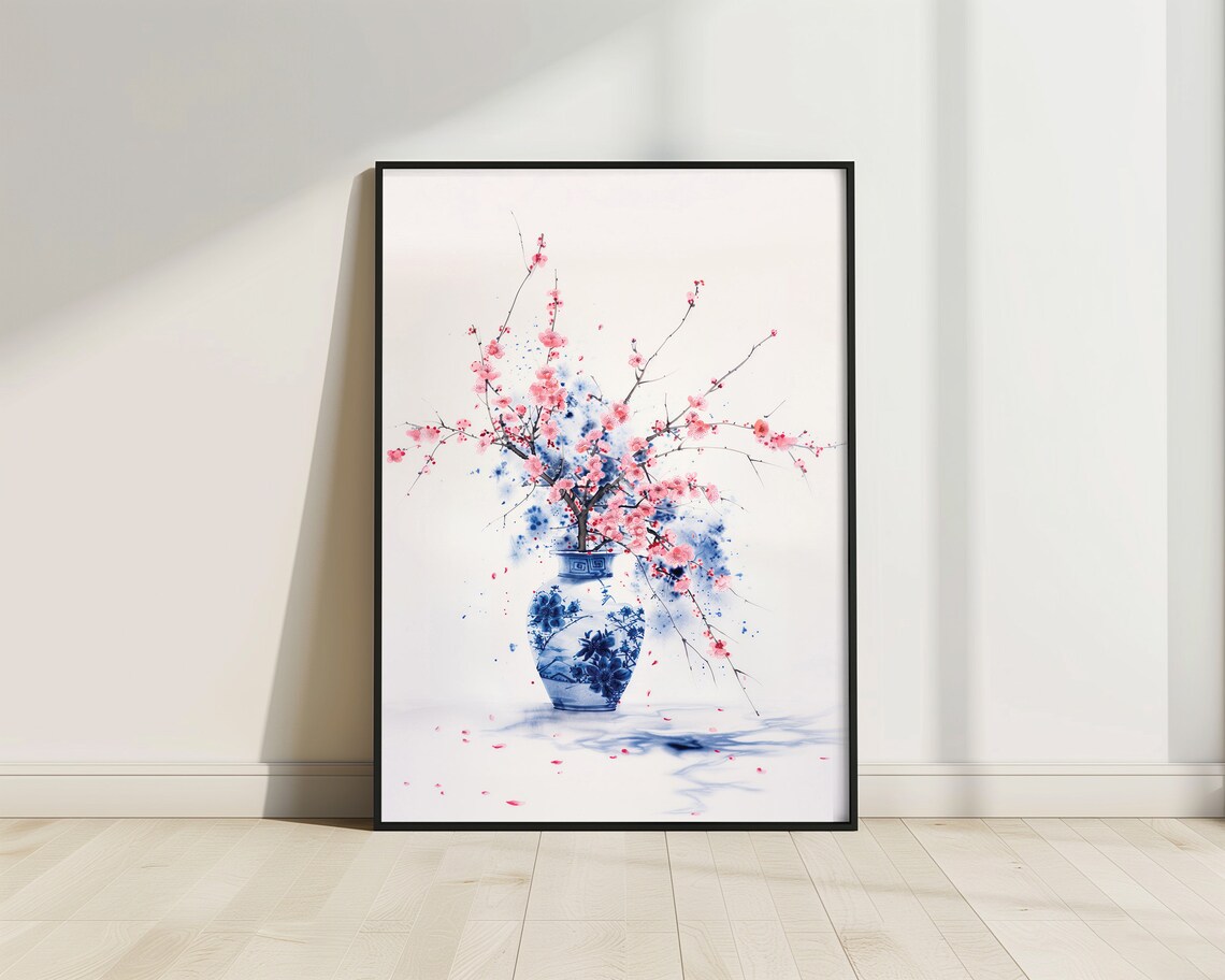 Pink Blossom Watercolor Blue Vase Delicate Petal Spring Flower Poster
