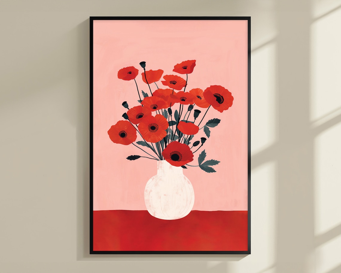 Red Poppies White Vase Minimalist Floral Still Life Pink Bloom Poster - Image 3
