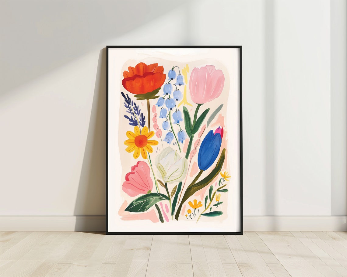 Colorful Modern Flower Bouquet Tulip Poppy Daisy Maximalist Art Poster