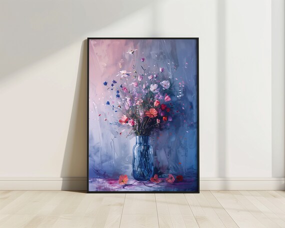 Wild Flower Blossom Art Print Moody Flower Drawing Floral Art Print Still Life Art Print Muted Color Home Decor Violet Flower Wall Art