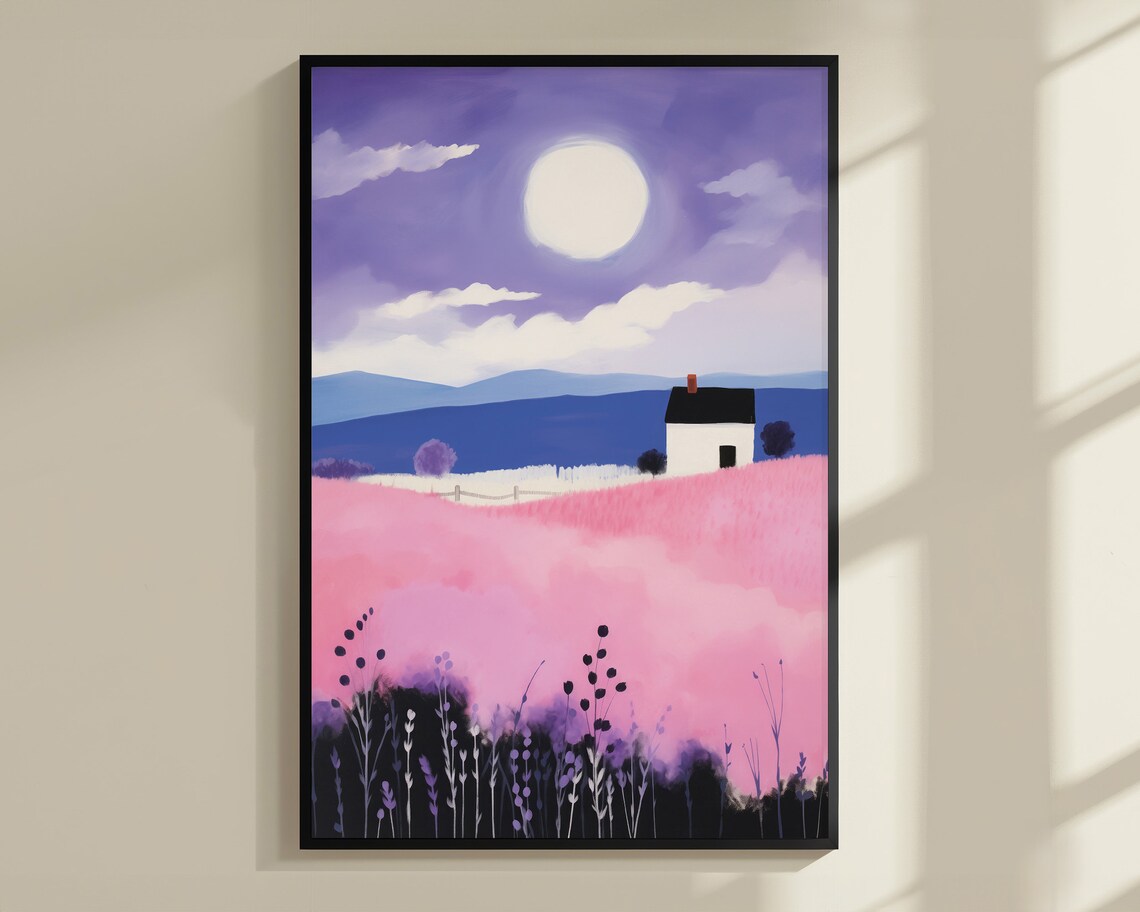 Pink Meadow White Cottage Moonlight Folk Art Landscape Print - Image 3