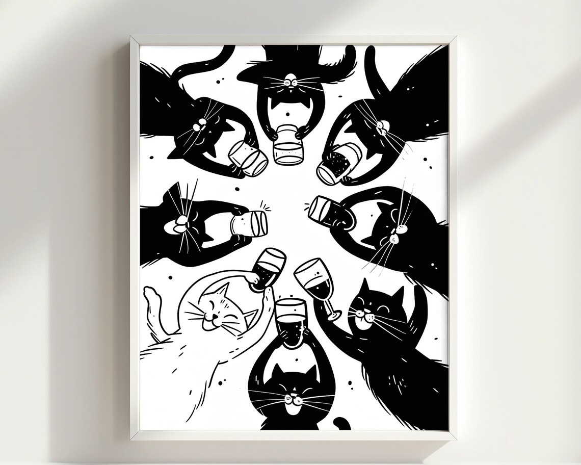 Cheers Cats Circle Toast Eight Cats Wine Glasses Party Poster - Image 2