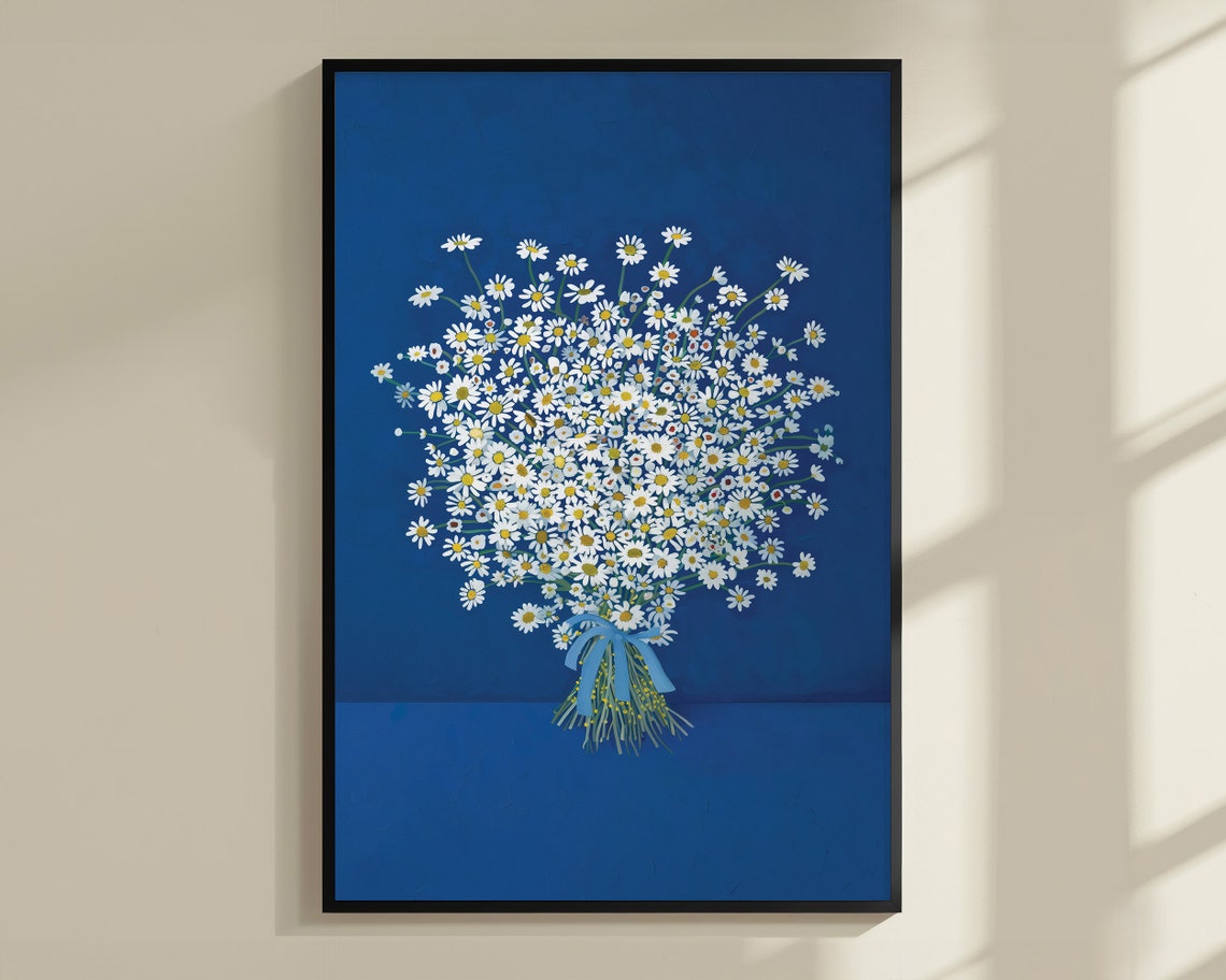 White Daisy Bouquet Tied With Blue Ribbon Navy Background Wall Art - Image 3