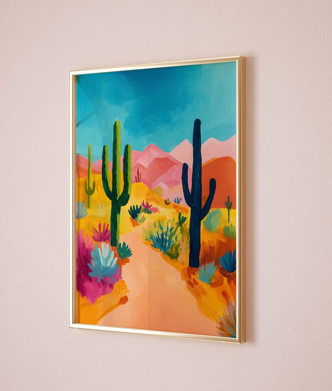 Bold Abstract Desert with Saguaro Cacti and Pink Mountains Poster - Image 3