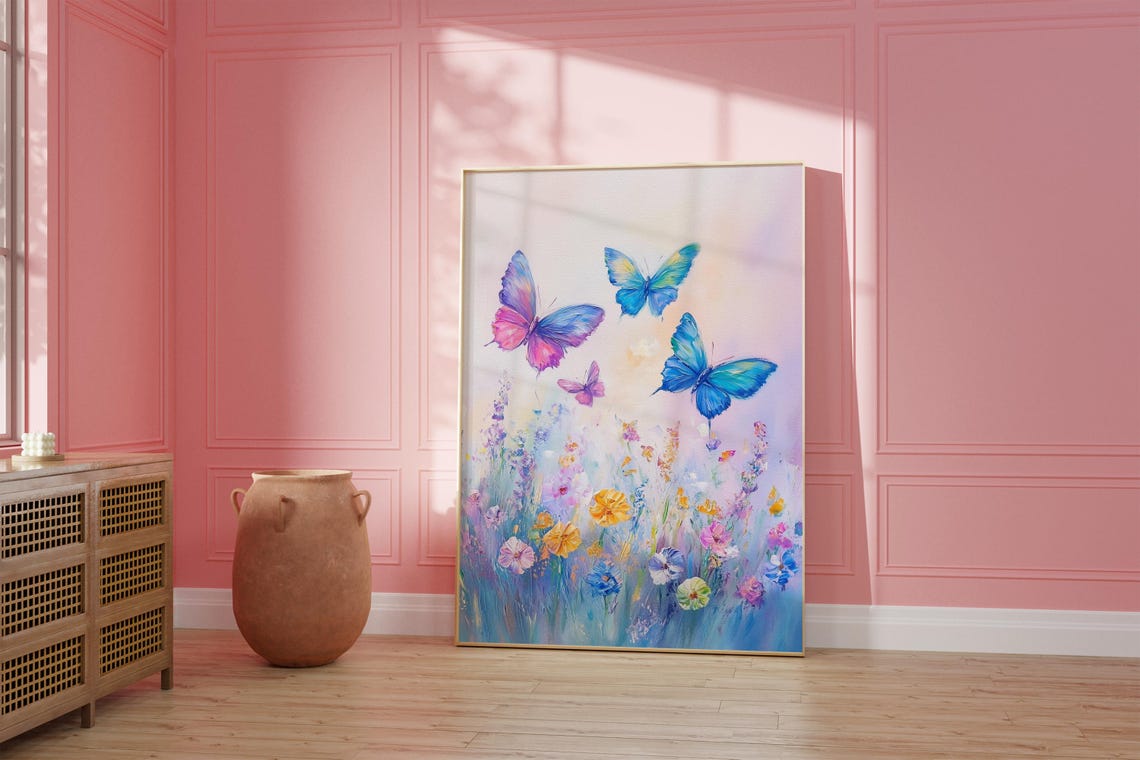 Colorful Butterflies Flying Over a Wildflower Meadow Painting Poster - Image 4