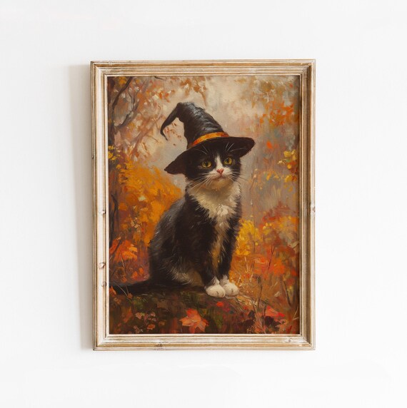 Tuxedo Cat in a Witch Hat Among Autumn Leaves Painting Poster