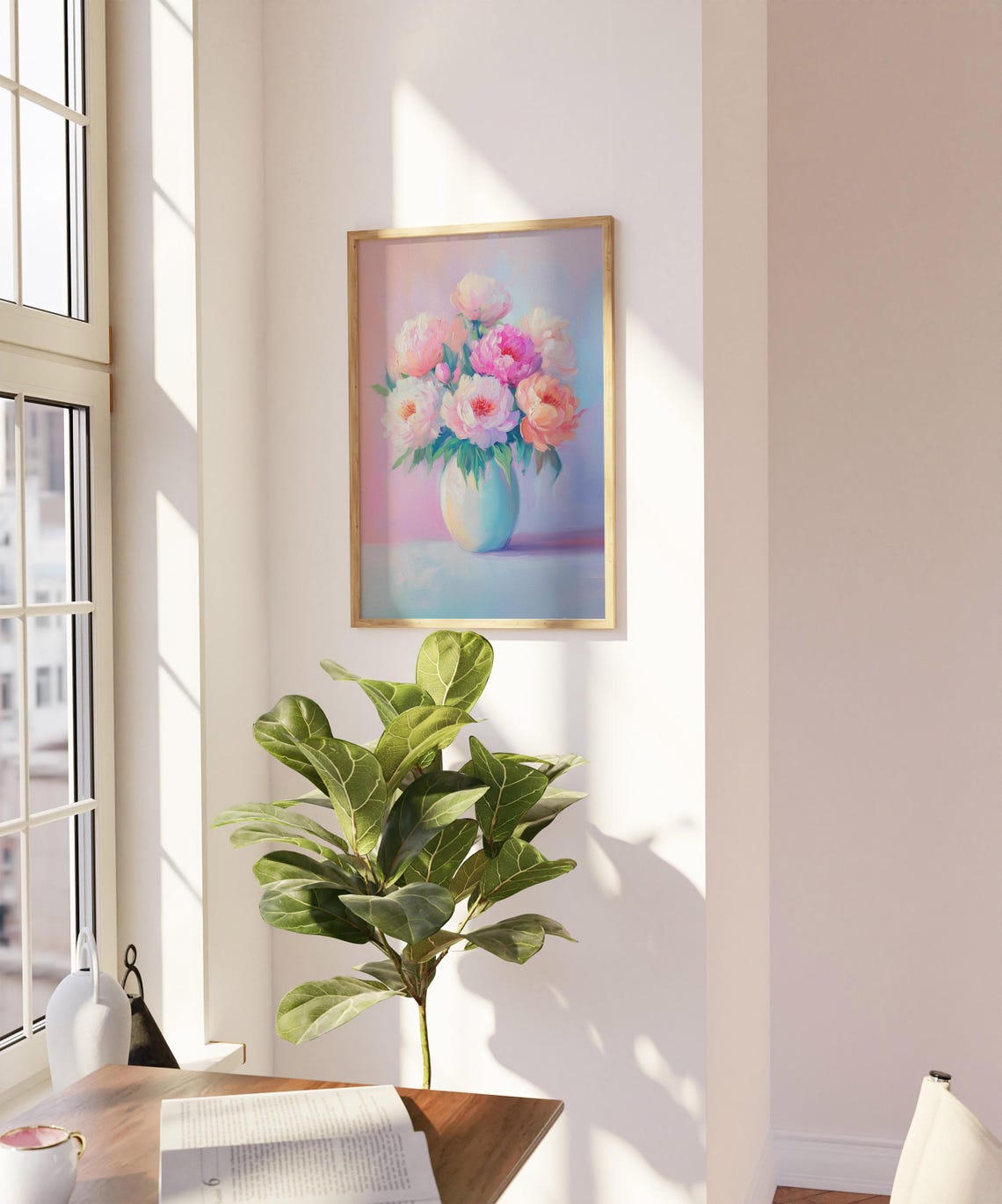 Pink and Peach Peonies in a White Vase Still Life Painting Poster - Image 4