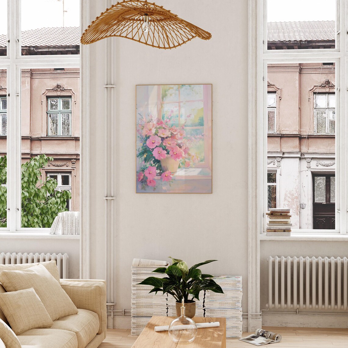 Pink Cosmos Flowers on a Sunny Windowsill Watercolor Painting Poster - Image 4
