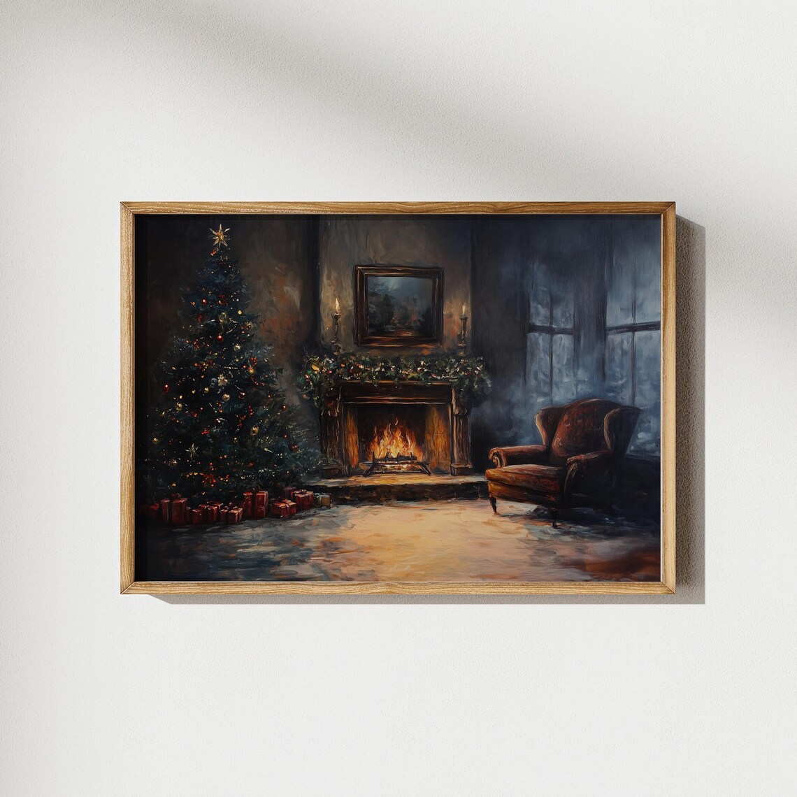 Vintage Moody Christmas Fireplace Painting Cozy Winter Night Poster - Image 2