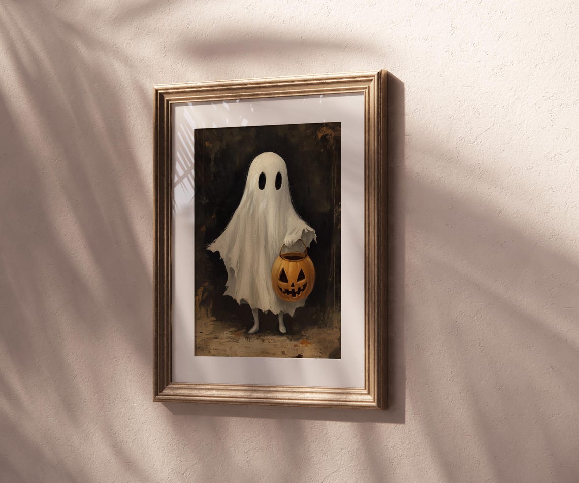 Cute Ghost Holding Jack O Lantern Painting Spooky Halloween Home Decor Dark Academia Art - Image 5
