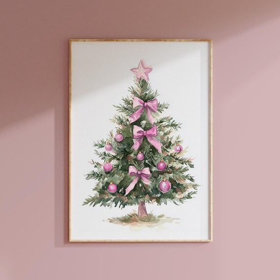 Pink Coquette Christmas Tree with Bows and Ornaments Painting Poster