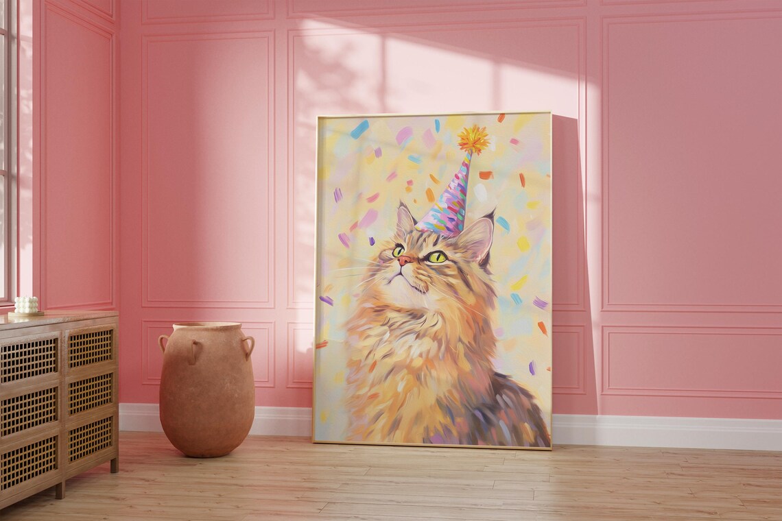 Fluffy Orange Cat Party Hat Confetti Birthday Nursery Kids Room Poster - Image 2