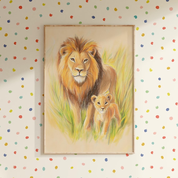 Nursery Lion And Baby Cub Safari Kids Room Animal King Decor Poster