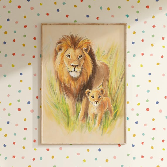 Nursery Lion And Baby Print Kids Room Wall Decor Baby Safari Animal Drawing Children Room Art Nursery Artwork