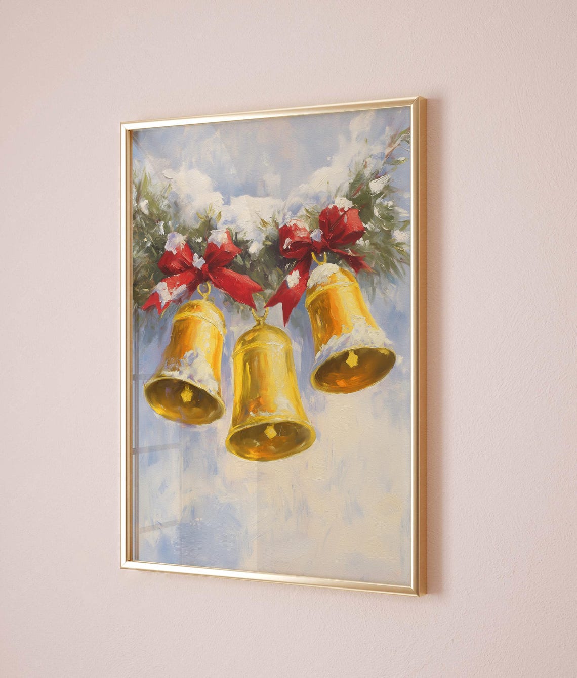 Golden Christmas Bells with Red Bows in Snowy Branches Painting Poster - Image 5