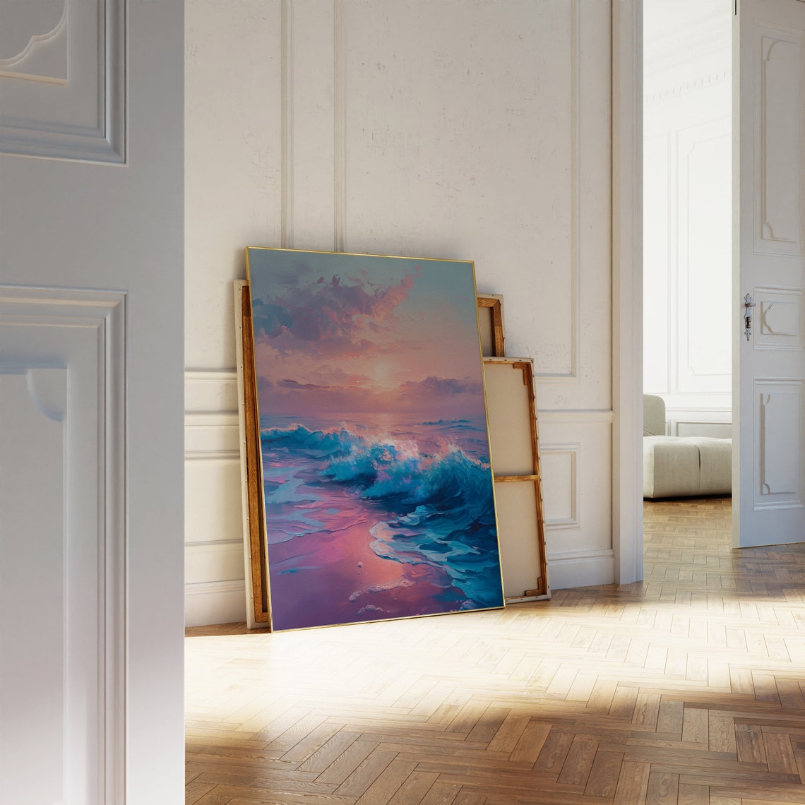 Pastel Pink Sunset Ocean Waves Impressionist Beach Painting Poster - Image 3