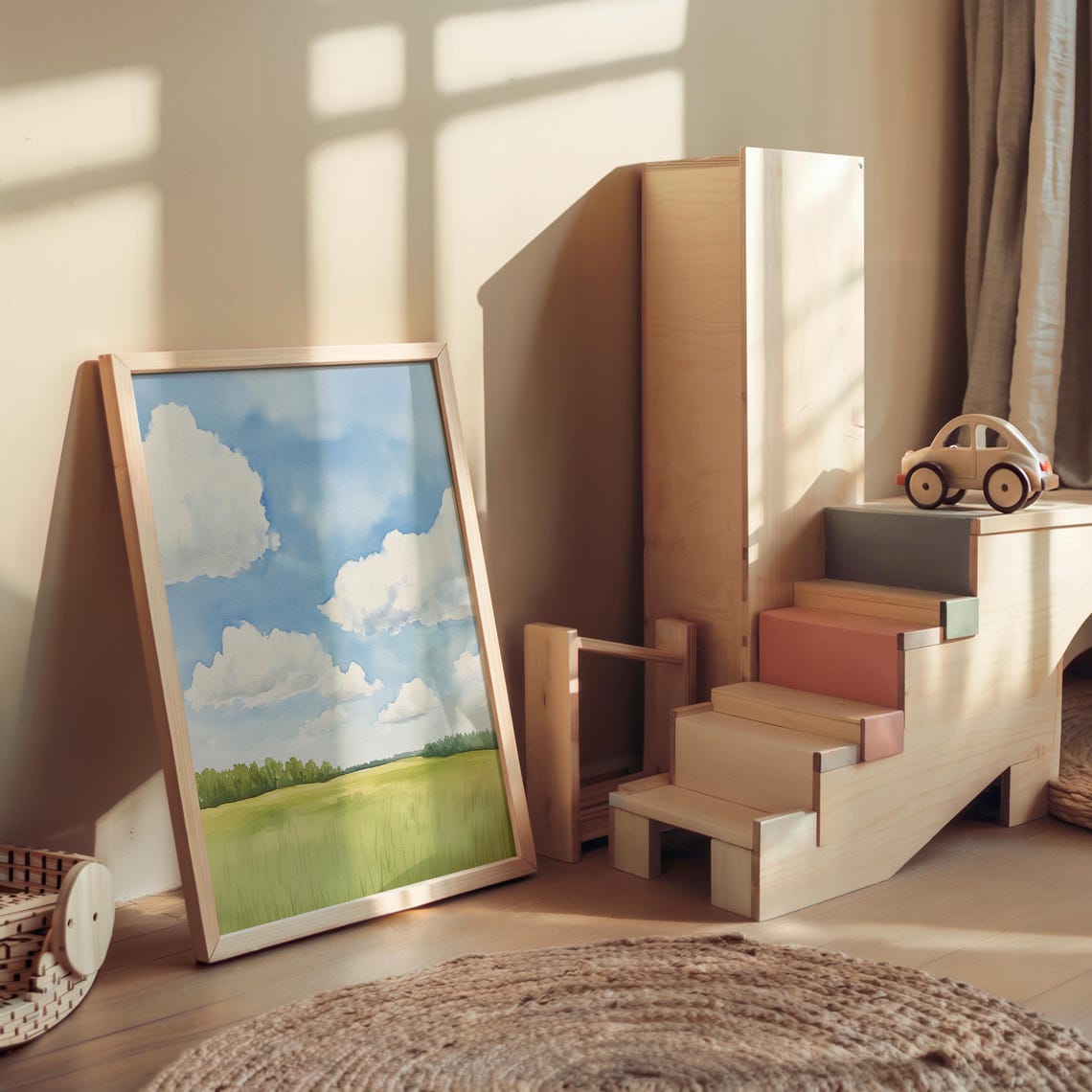 Watercolor Nursery Landscape Blue Sky Meadow Kids Room Wall Poster - Image 3