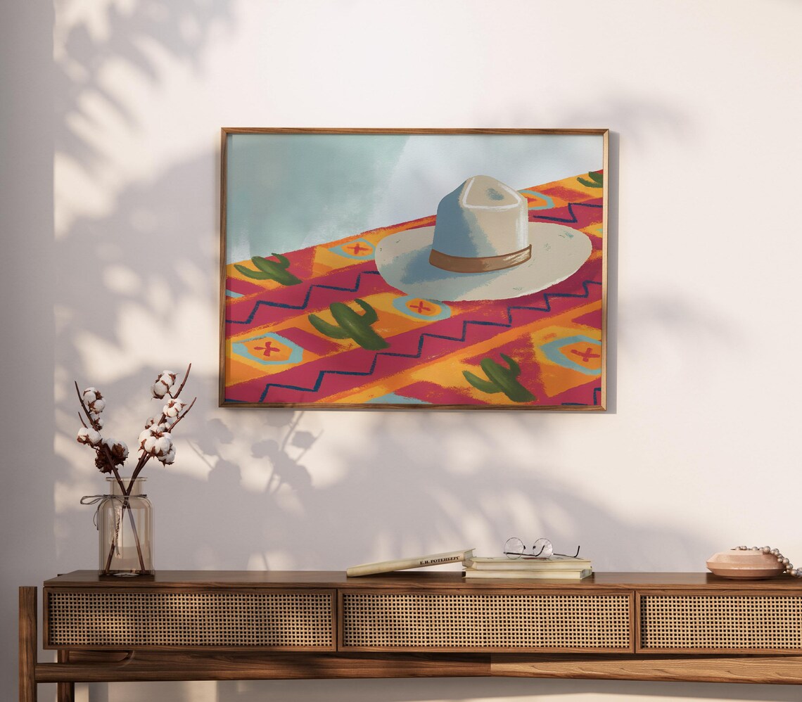 Cream Cowboy Hat Southwestern Rug Cactus Pattern Western Room Poster - Image 4