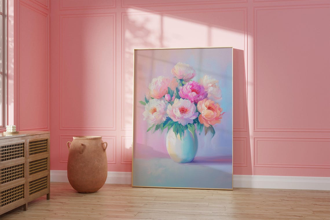 Pink and Peach Peonies in a White Vase Still Life Painting Poster - Image 2