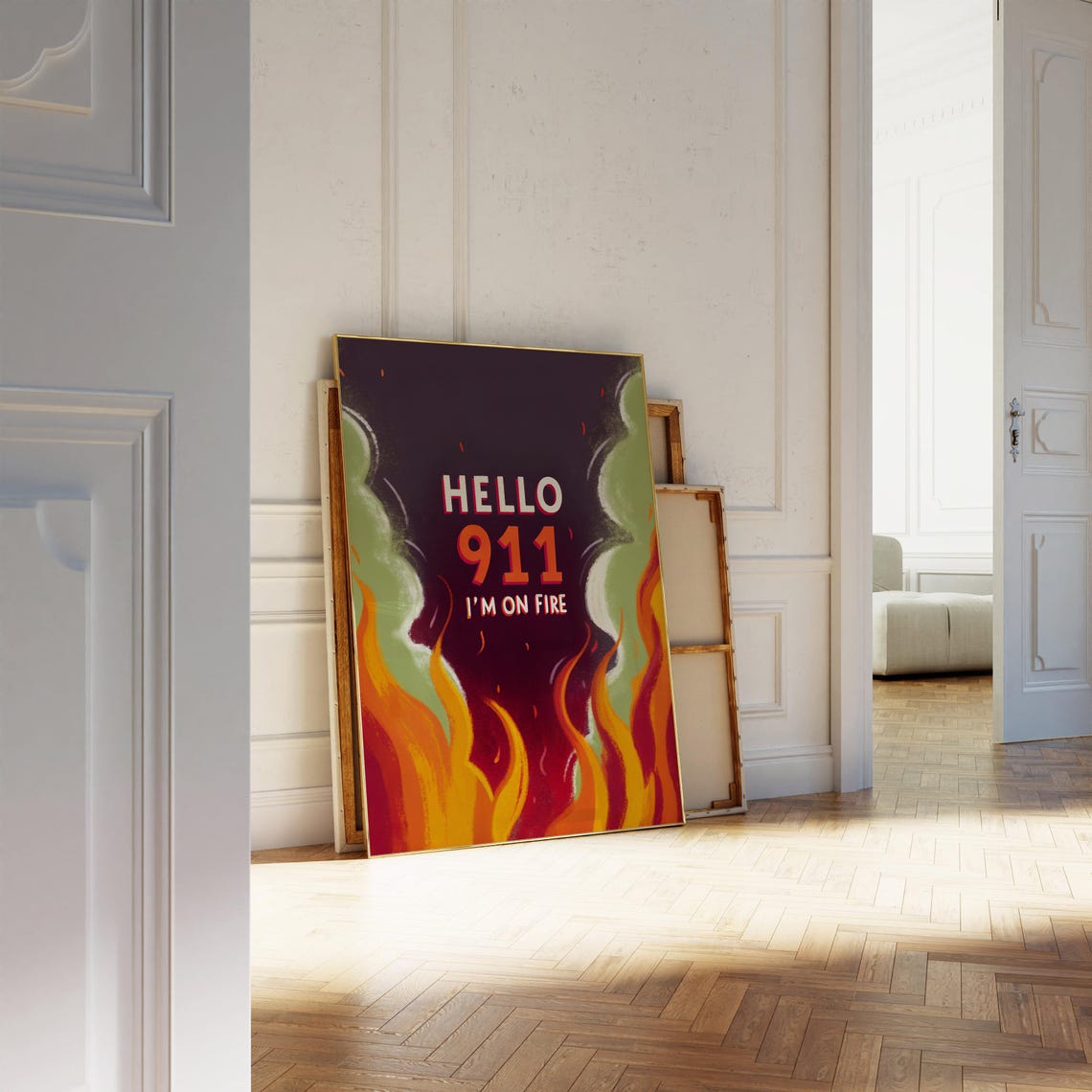 Hello 911 Im On Fire Funny Quote Poster with Bold Flames Typography - Image 3