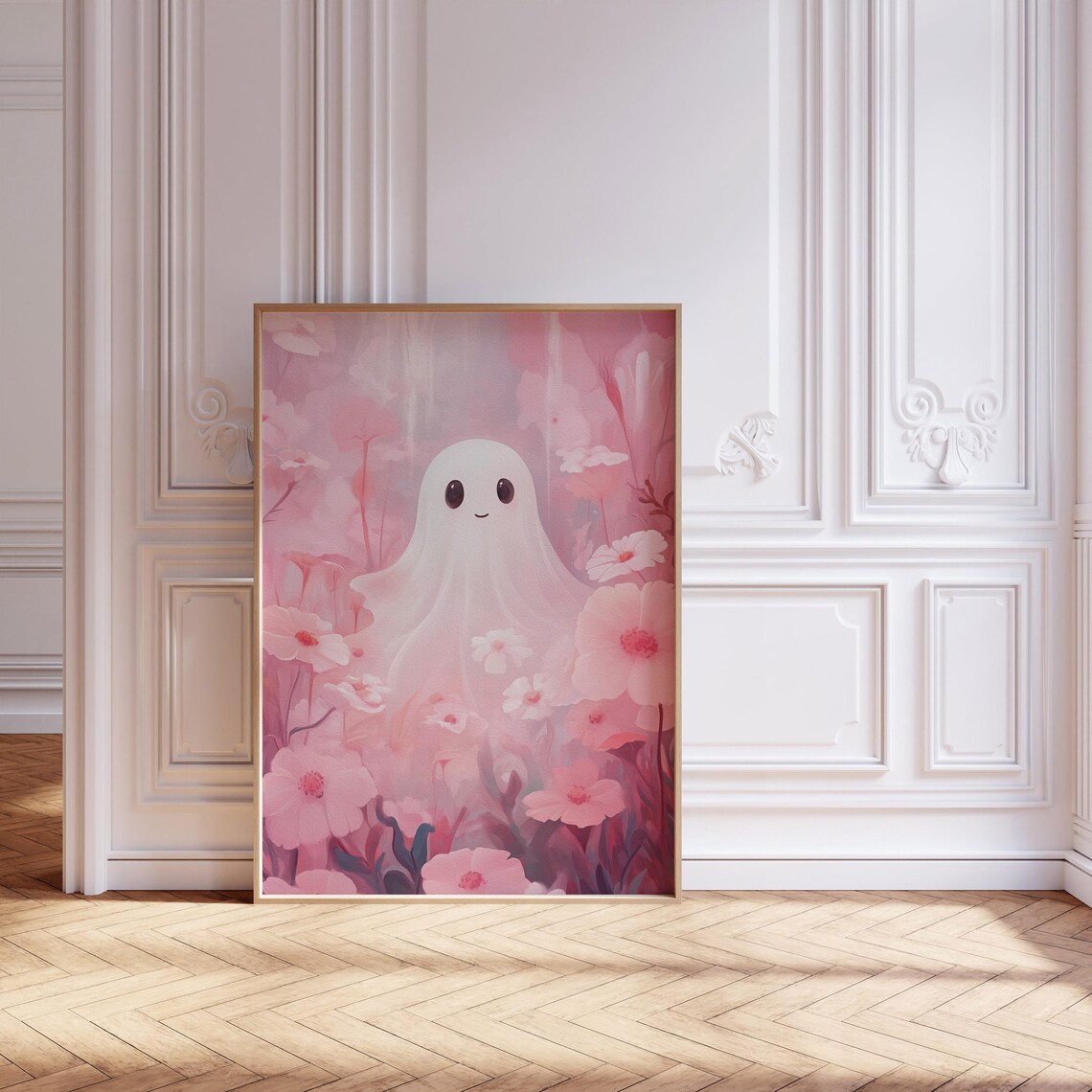 Cute Ghost Among Pink Flowers, Floral Ghost Print - Image 2