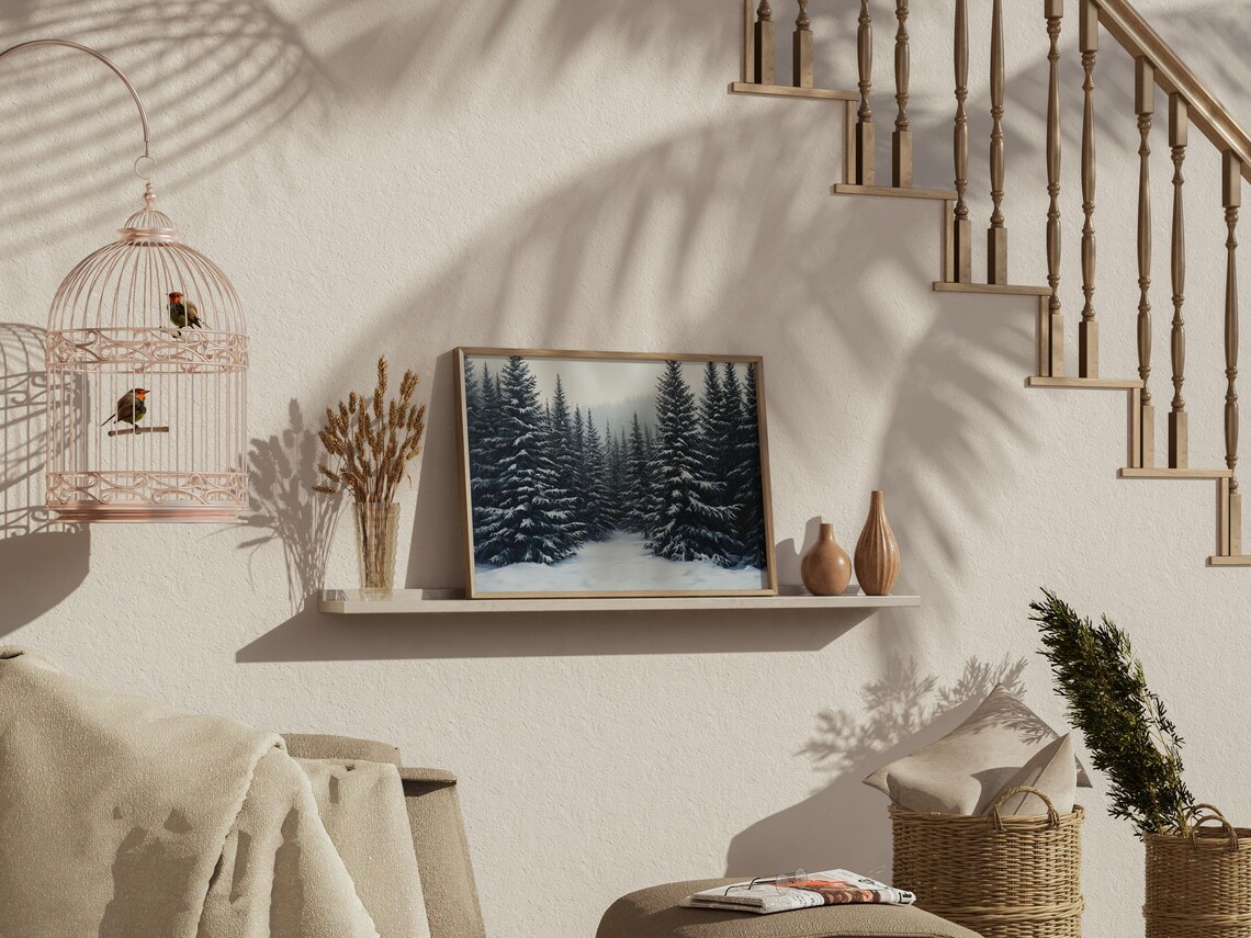 Winter Pine Forest Rustic Snowy Landscape Painting Dark Farmhouse Poster - Image 4