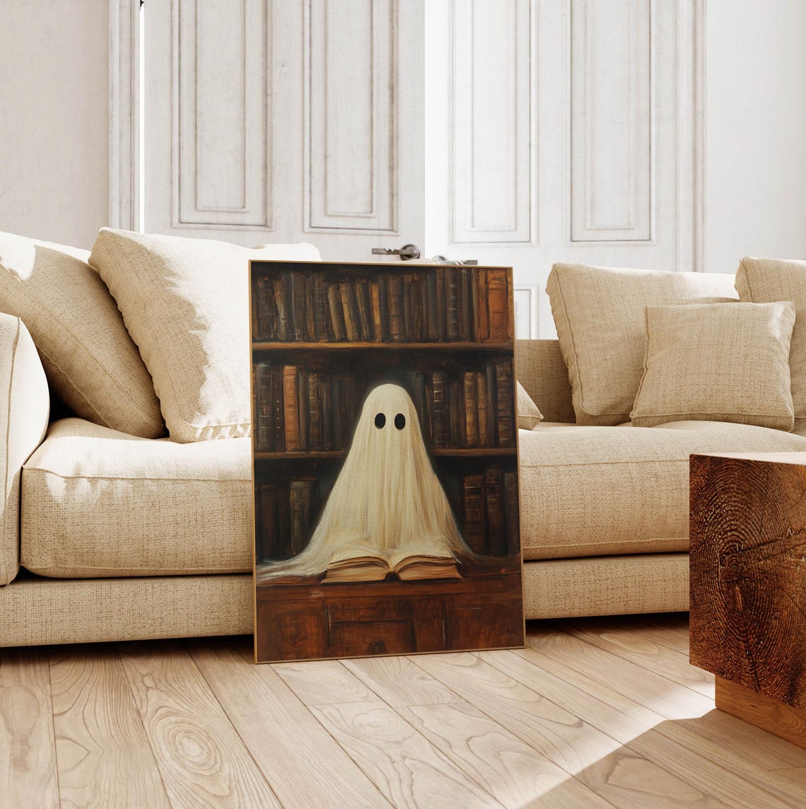 Cute Ghost Reading a Book in a Dark Library Painting Wall Art - Image 4