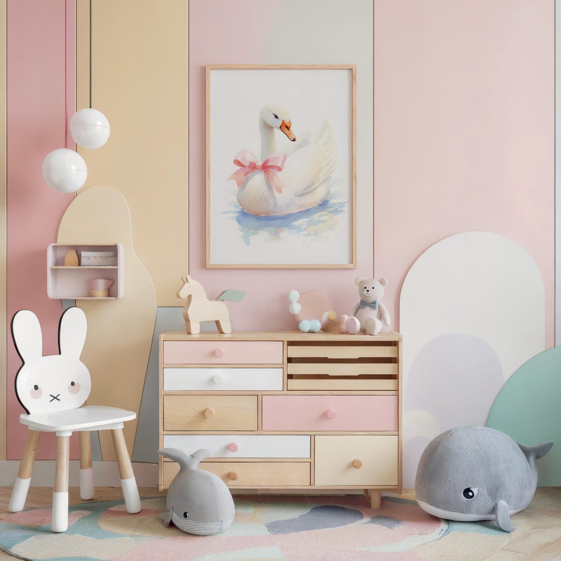 Nursery Swan With Bow Watercolor Painting Kids Room Girly Decor Poster - Image 5