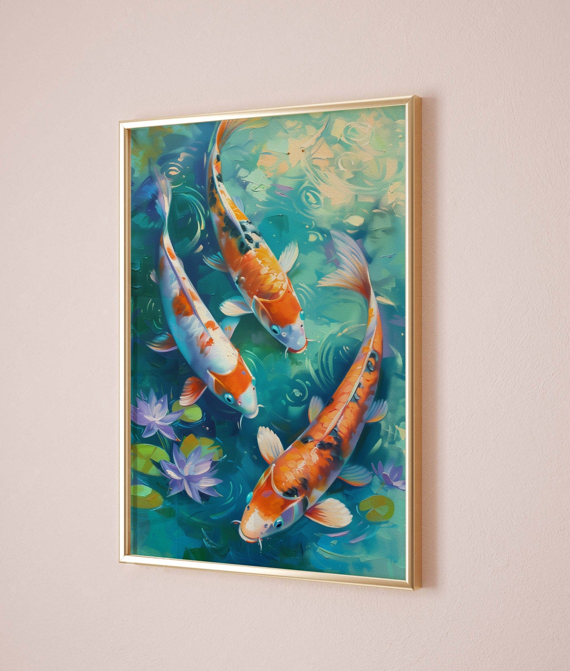 Three Colorful Koi Fish Swimming Among Water Lilies Painting Poster - Image 4
