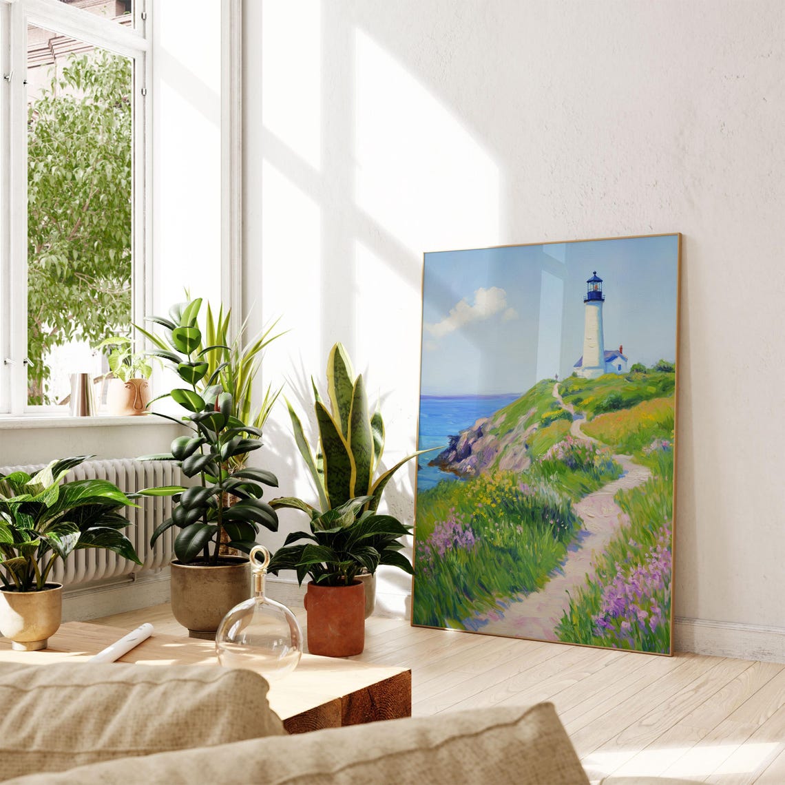 White Lighthouse Coastal Cliff Wildflower Path Blue Sea Travel Poster - Image 2