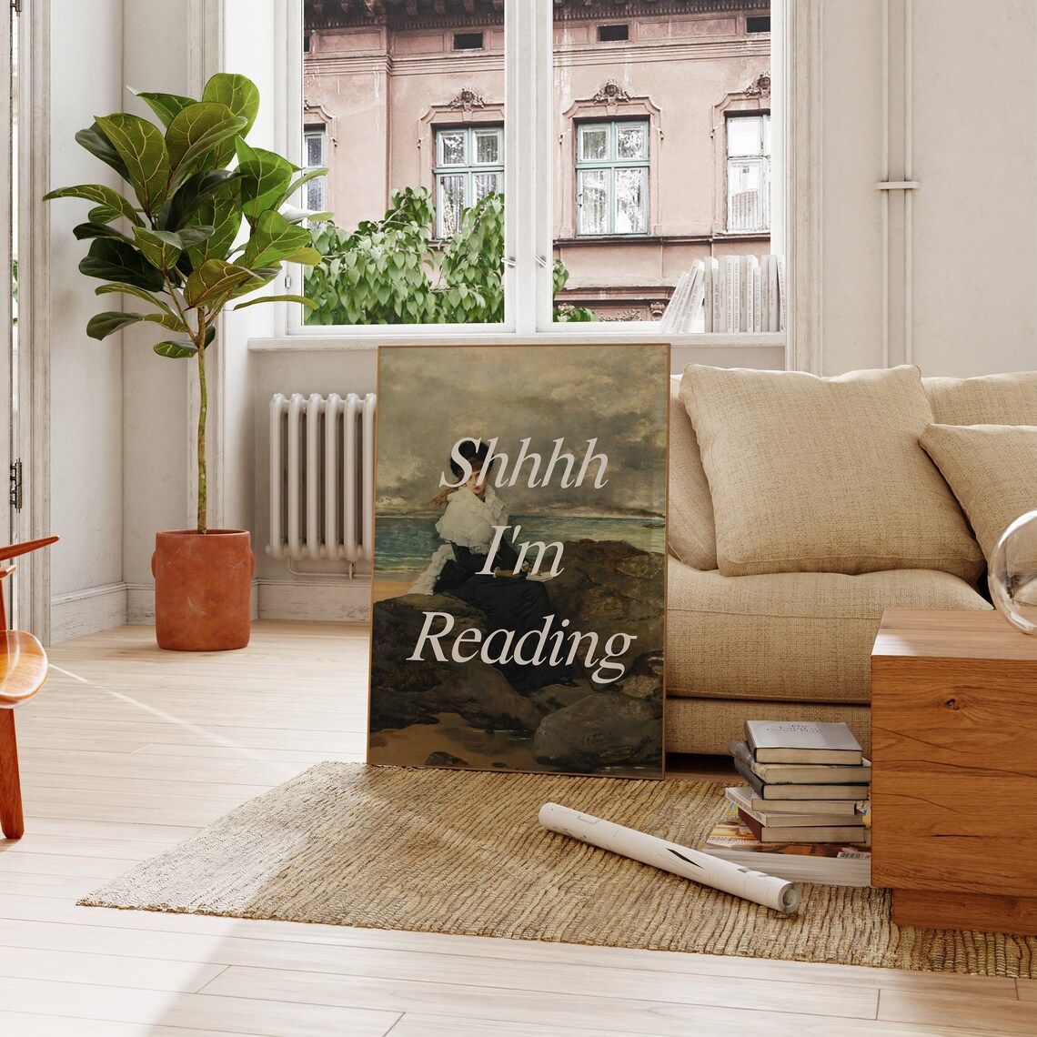 Shhhh I Am Reading Altered Vintage Painting Book Lover Quote Poster - Image 3