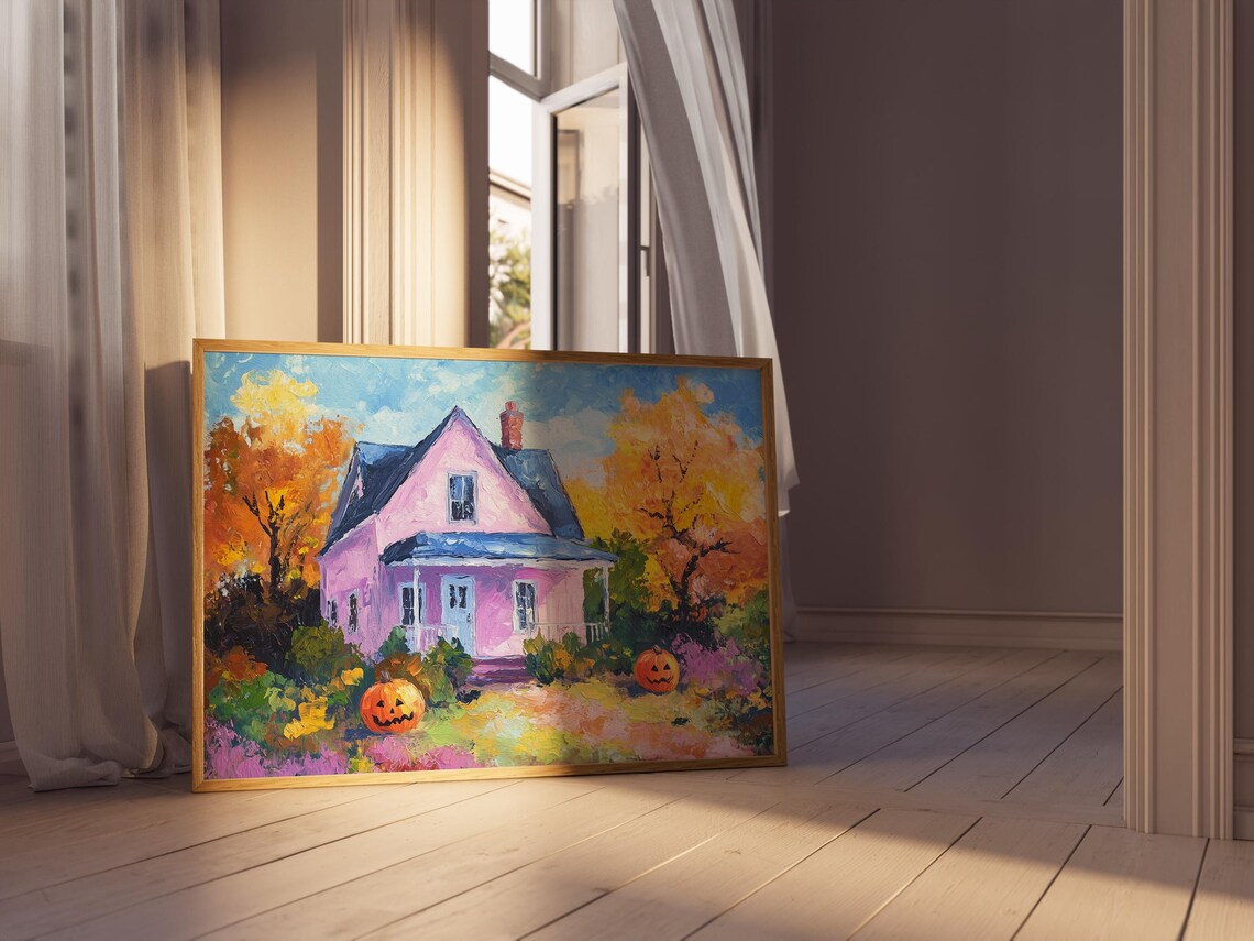 Pink Haunted Cottage with Jack O Lanterns in Fall Painting Poster - Image 5