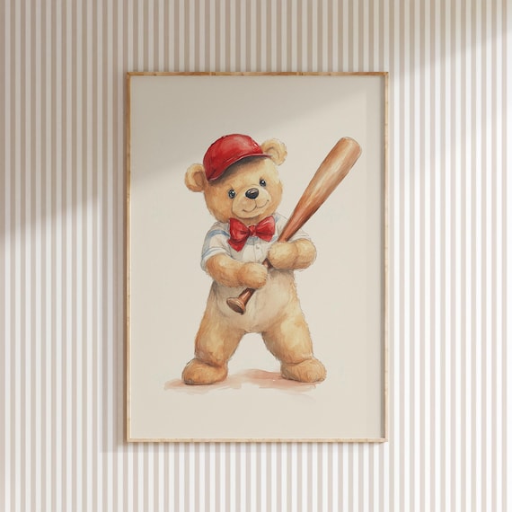Nursery Teddy Bear Baseball Player Kids Room Sports Decor Poster