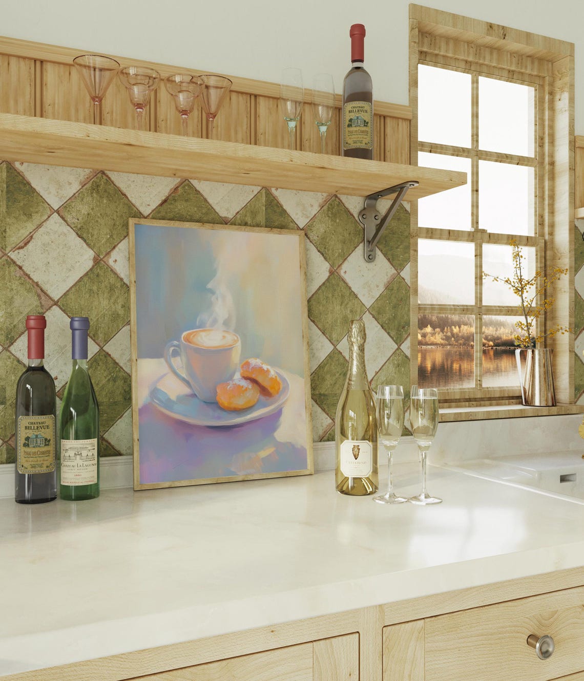 Pastel Coffee Cup with Croissants Watercolor Cafe Kitchen Poster - Image 3