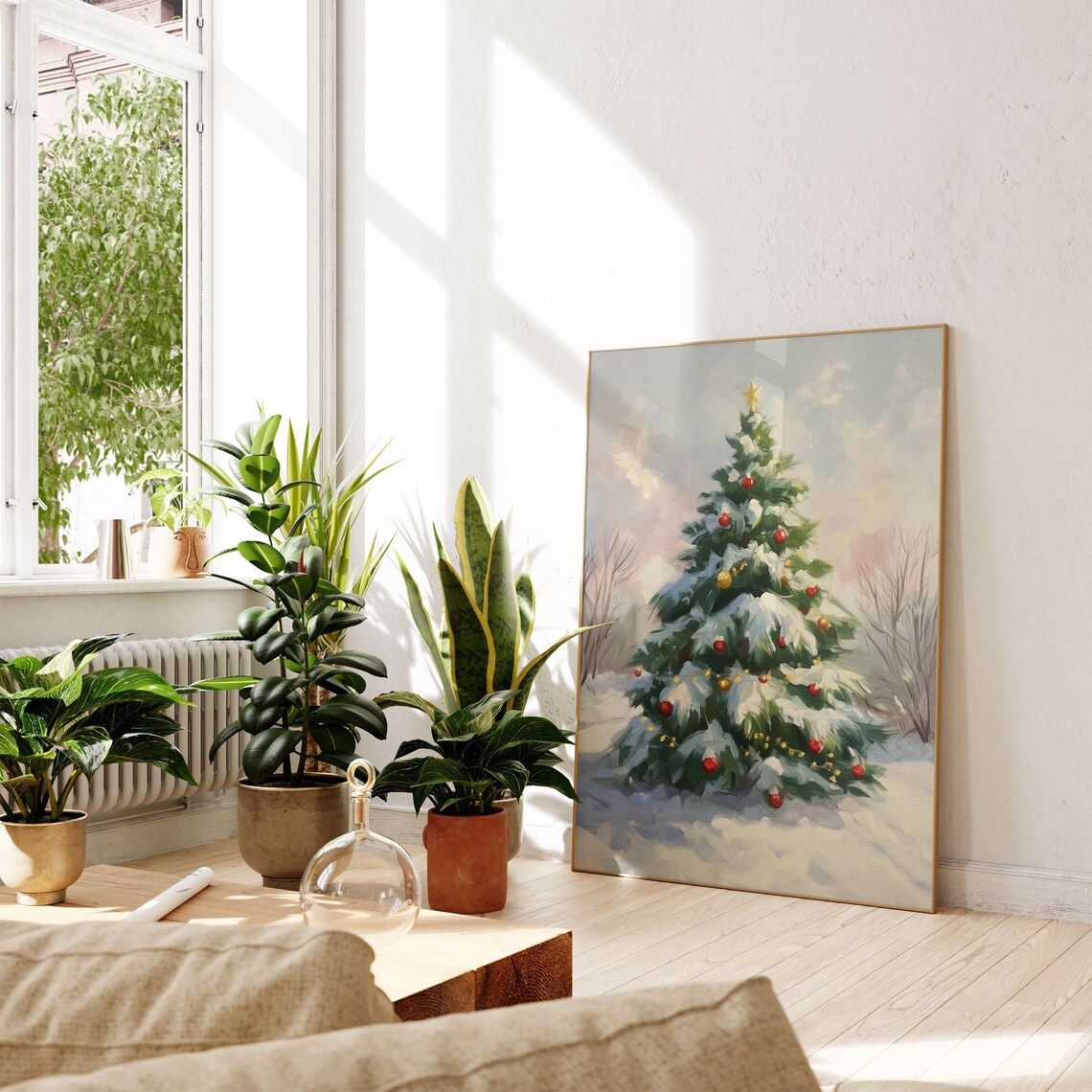 Vintage Snowy Christmas Tree in a Winter Landscape Painting Poster - Image 2