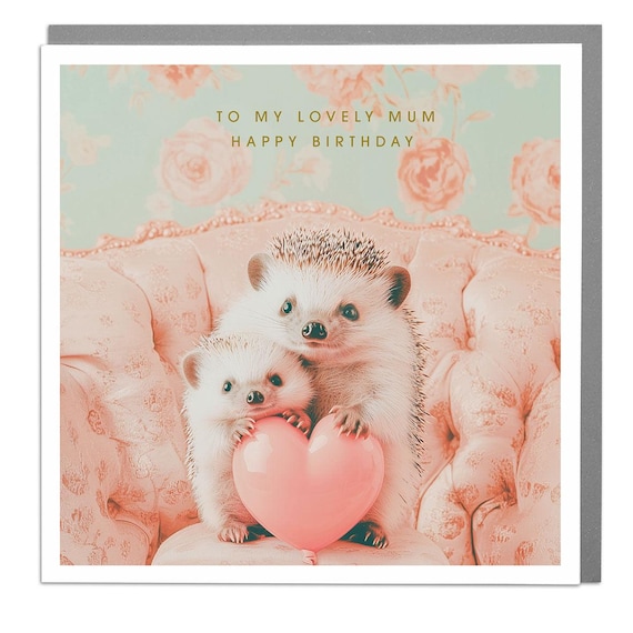 Hedgehogs Pink Heart Balloon Lovely Mum Happy Birthday Greeting Card Wall Art