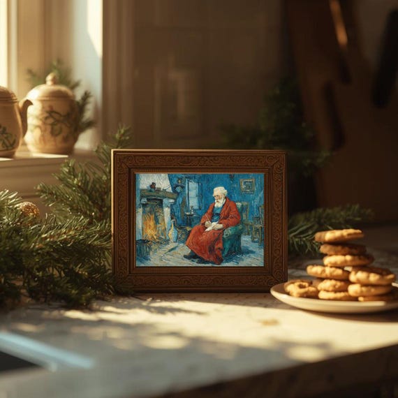 Santa Claus Reading by the Fireplace Cozy Night Christmas Wall Art