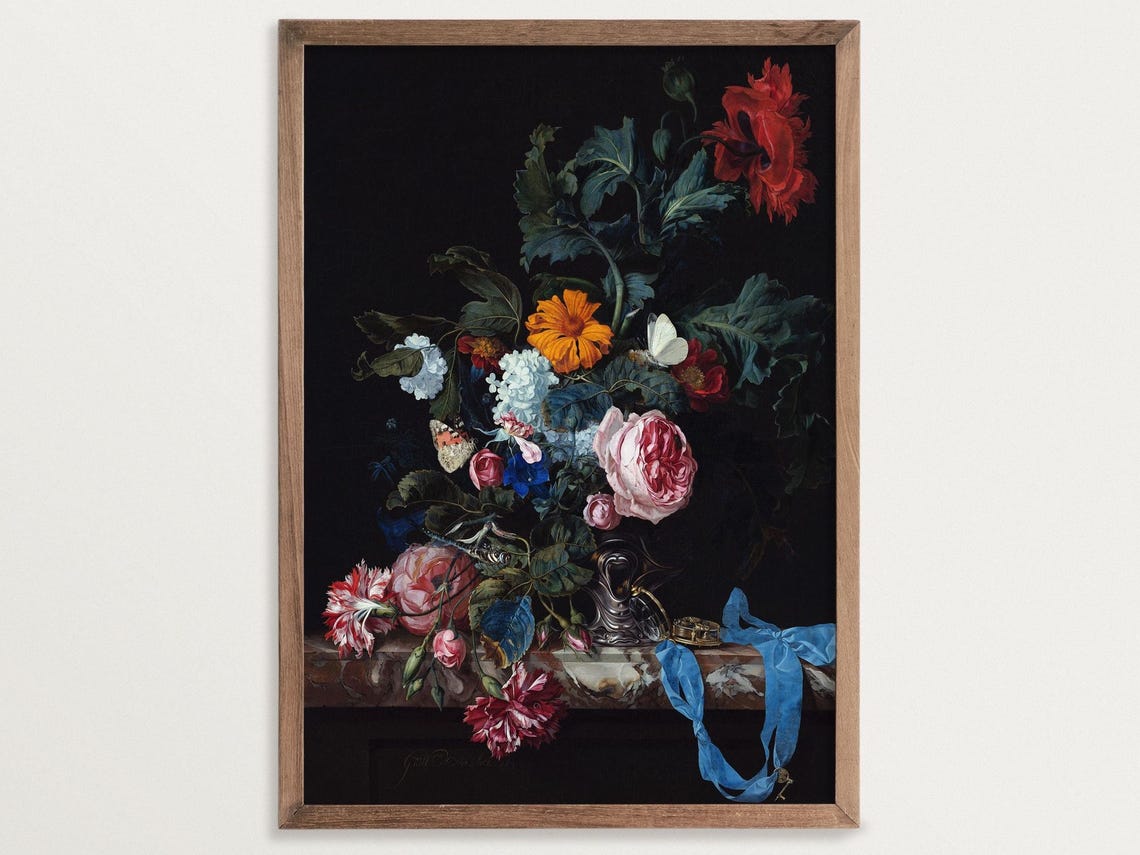 Dark Flower Still Life, Antique Oil Painting Print