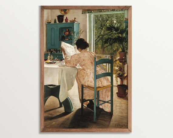 Woman Reading Newspaper at Sunlit Breakfast Table Art Poster