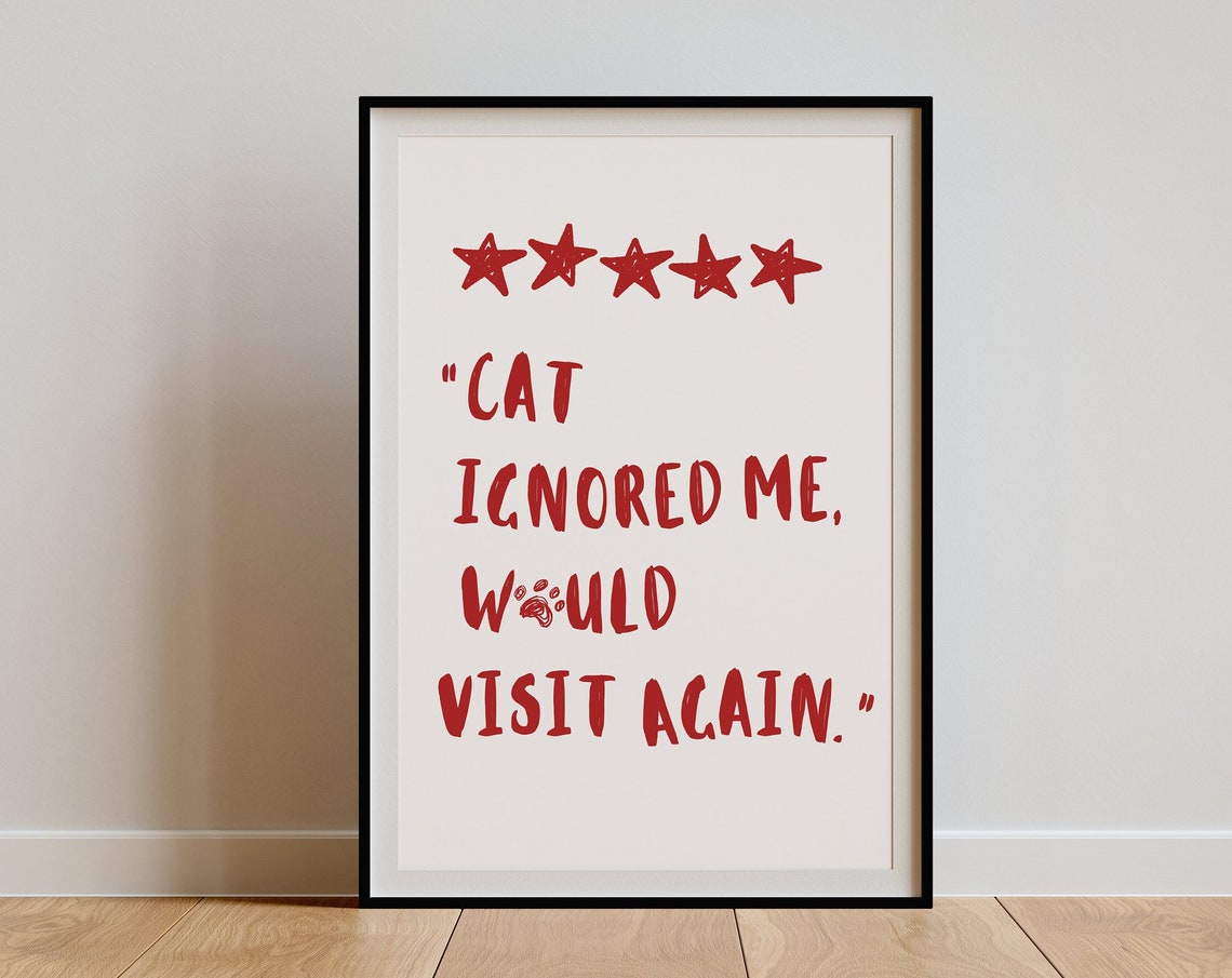 Red Handwritten Cat Ignored Me Five Star Review Quote Funny Poster