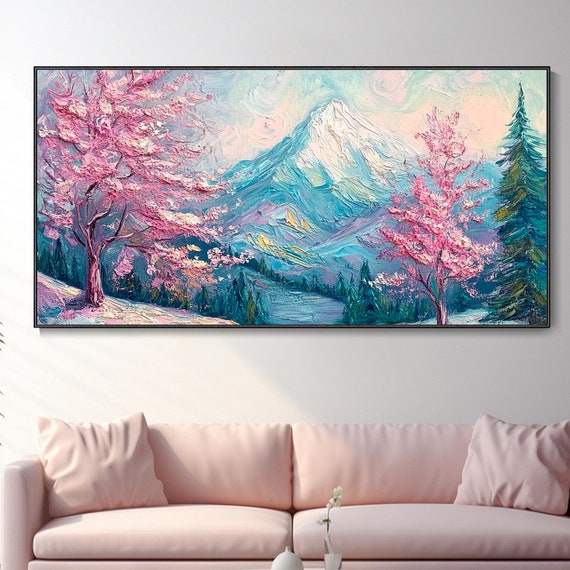 Original Textured Wall Art Cherry Blossom Lake Painting On Pink Sunset Artwork Hand Painted Nature Inspired Art Large Living Room Art