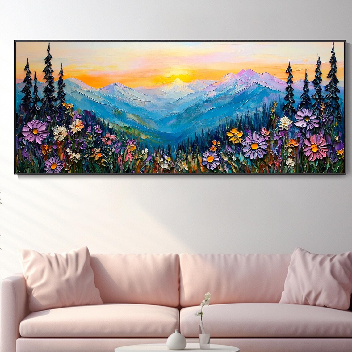 Golden Sunrise Mountain Valley Wildflower Meadow Landscape Poster