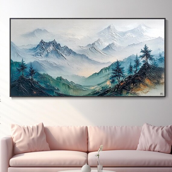 Green Mountain Abstract Oil Painting Handcrafted Art Palette Knife Texture Modern Abstract Style Wall Decor Living Room Bedroom Accents