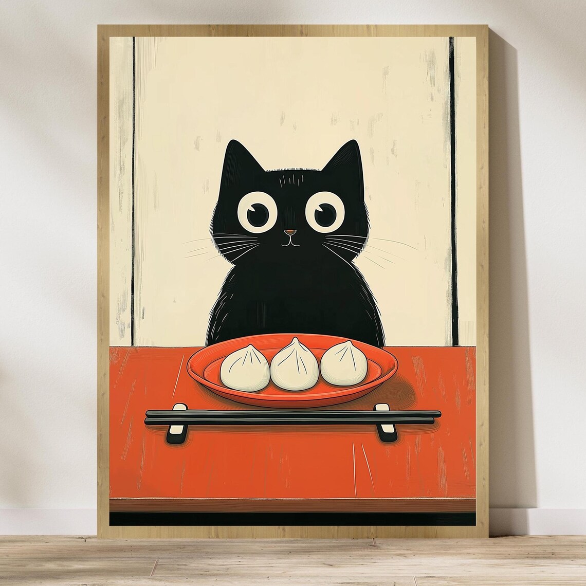 Japan Cat Illustration Print, Minimalist Kitchen Decor