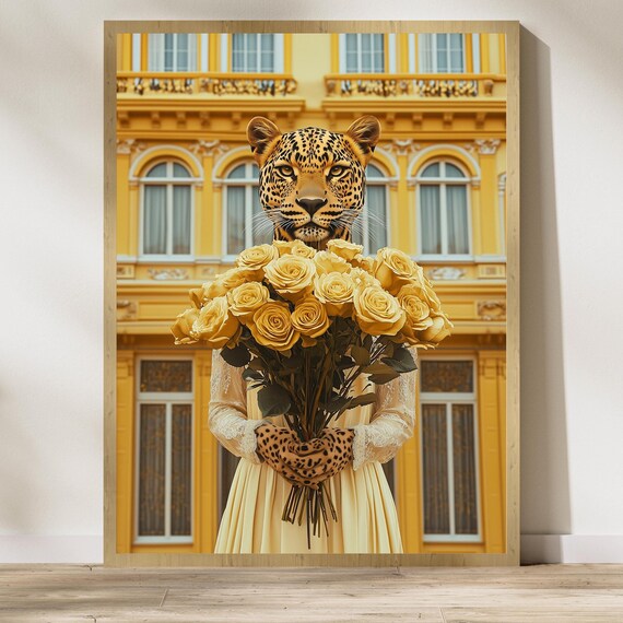 Golden Leopard Elegant Portrait Poster Yellow Roses Luxury Woman Art