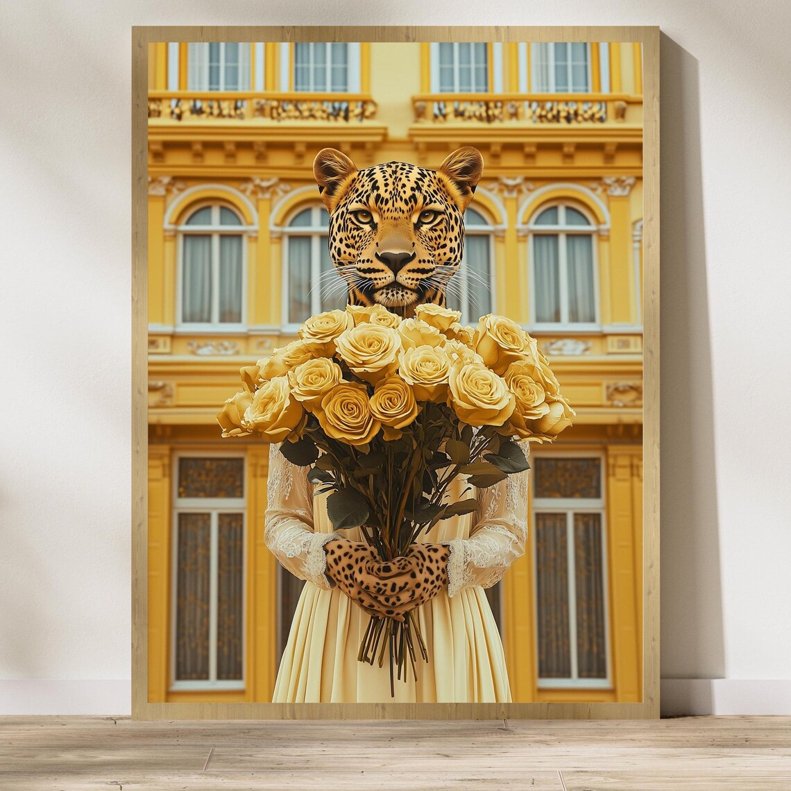 Golden Leopard Elegant Portrait Poster Yellow Roses Luxury Woman Art