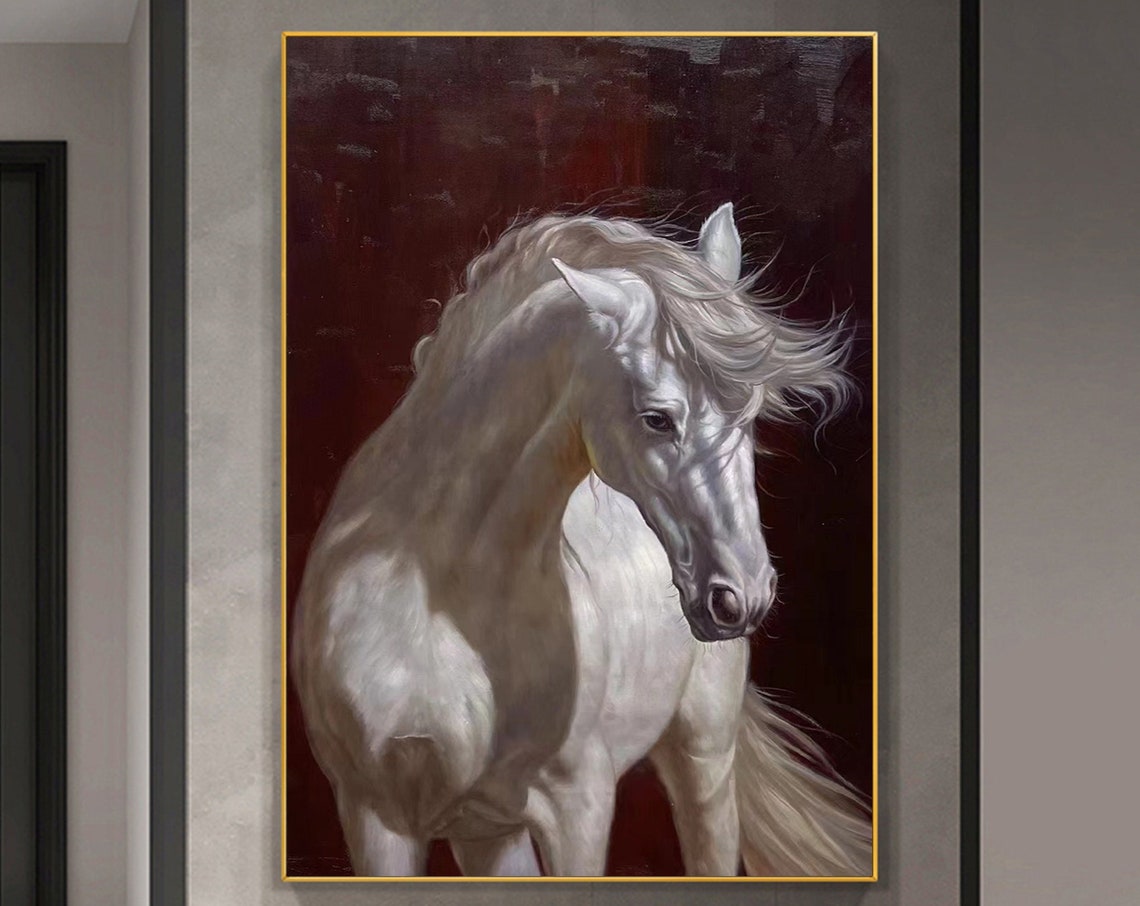 Large White Horse Art Horse Wall Decor White Horse Oil Painting White Horse Portrait Modern Animal Painting For Living Room