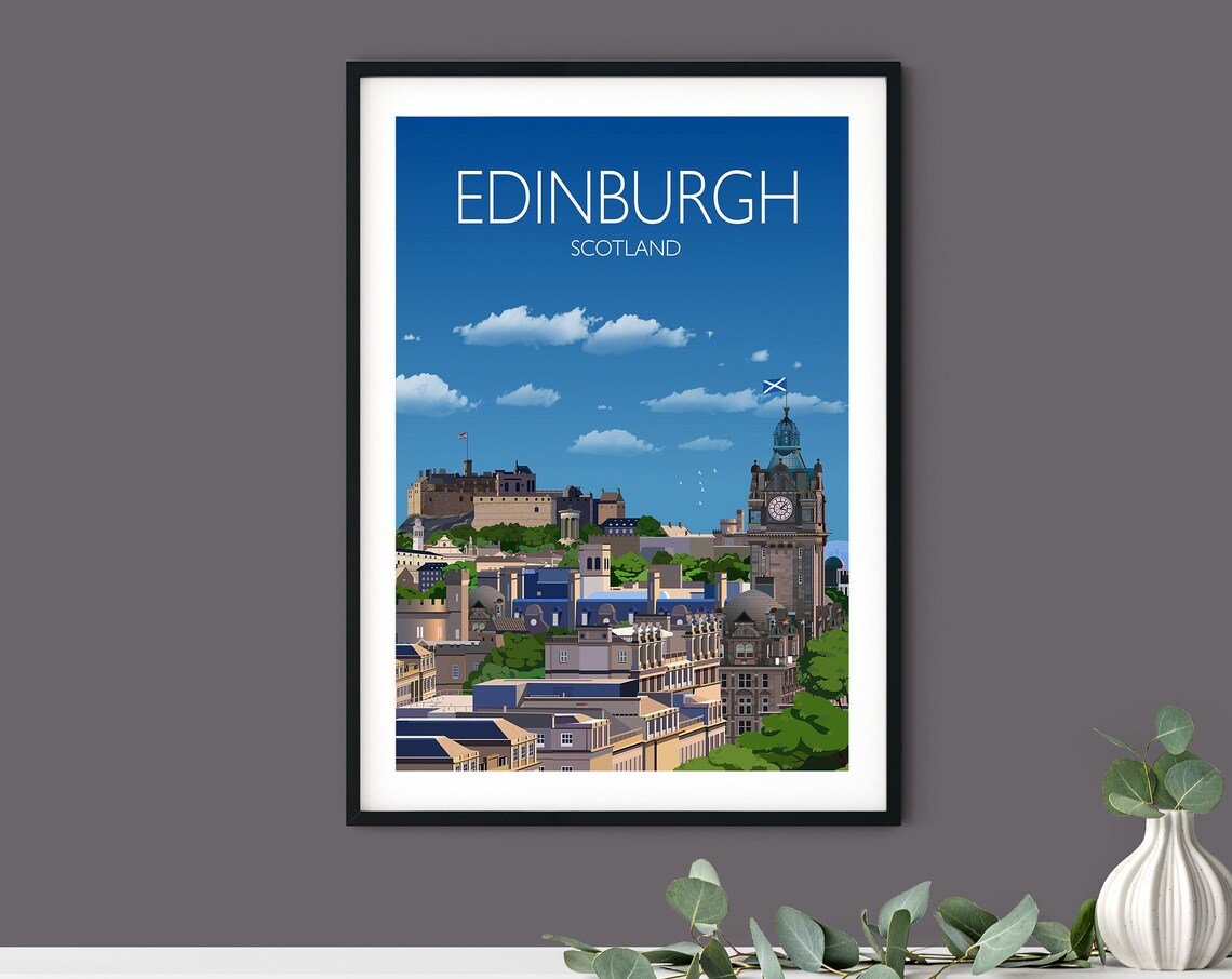 Edinburgh Scotland Travel Poster of Castle and Clock Tower View - Image 3